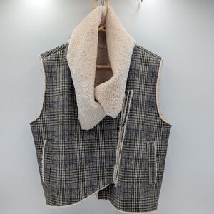Adyson Parker Glen Plaid Asymmetric Vest Fleece Lined Cottagecore Gray Preppy L
